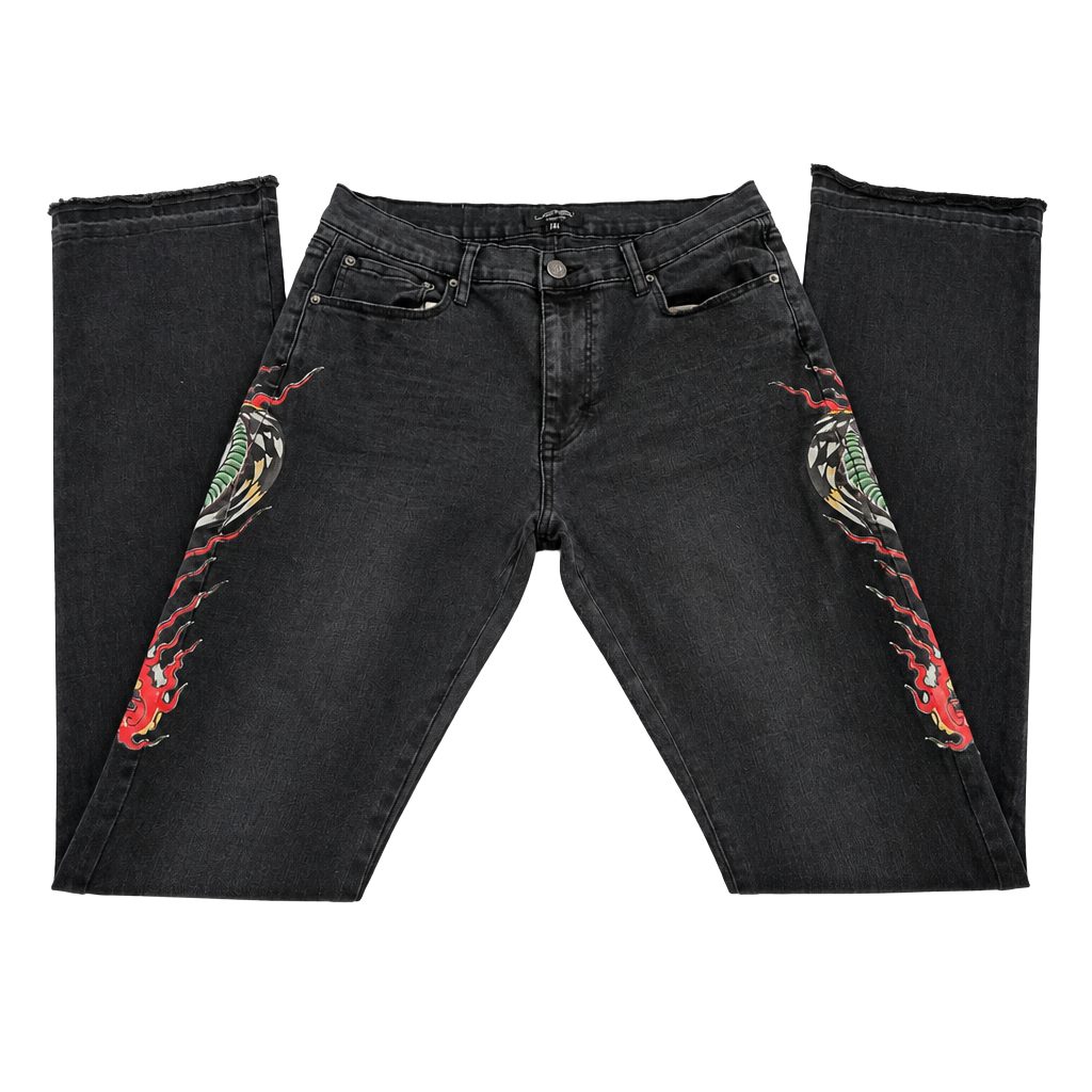 Ed Hardy Men's Black Denim Cobra Snake and Flame Print Jeans Size 32 1