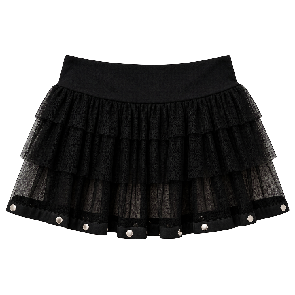 Dreamgirl Vintage Y2K Goth Tiered Black Mesh Tutu Mini Skirt with Grommet Detail 1