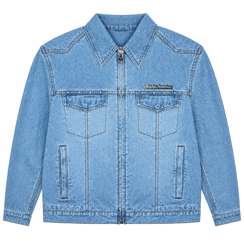 Harley Davidson Denim Jacket Size Medium Blue Black Leather Phoenix 1