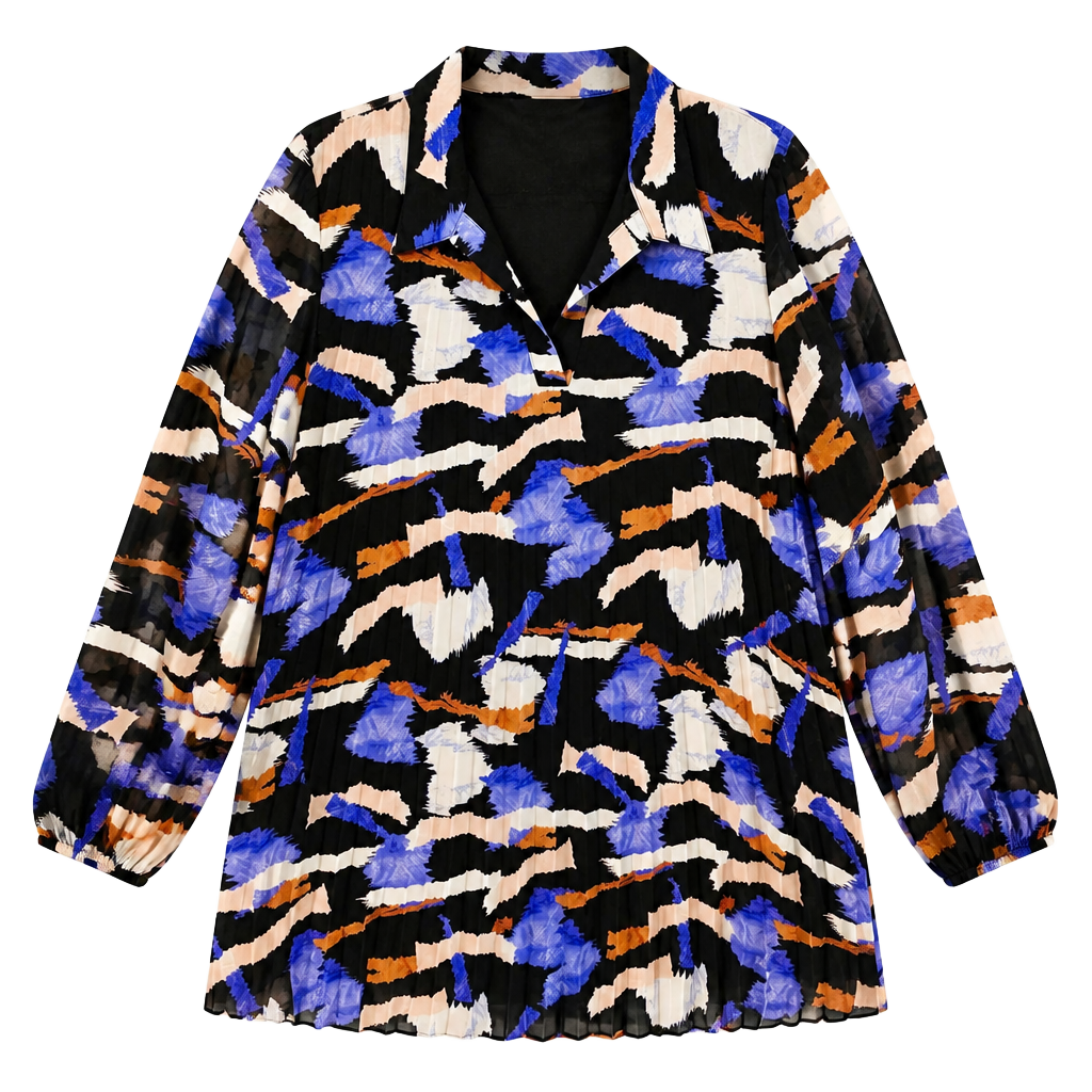 Nine West Multi-Color Abstract Print Long Sleeve Pleated Georgette Collar Dress 1