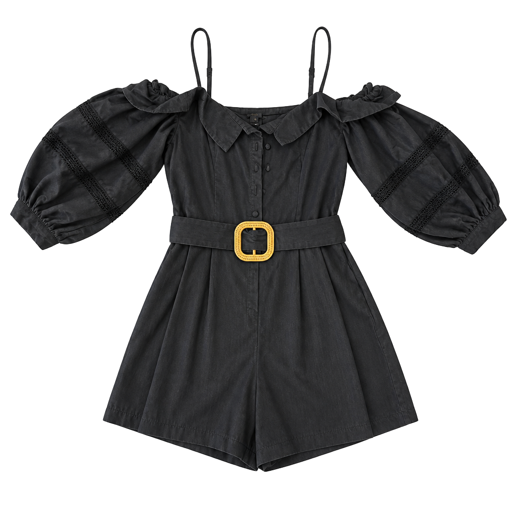 River Island Women's Belted Cold Shoulder Romper in Black with Lace Trim Sleeves 1