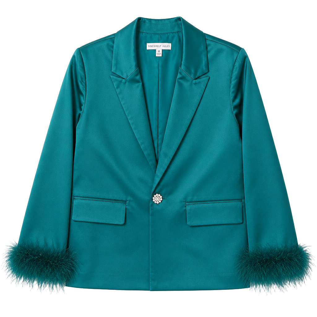 Sincerely Jules Emerald Green Satin Feather Cuff Sleeves Blazer Womens Medium Jewel Button 1