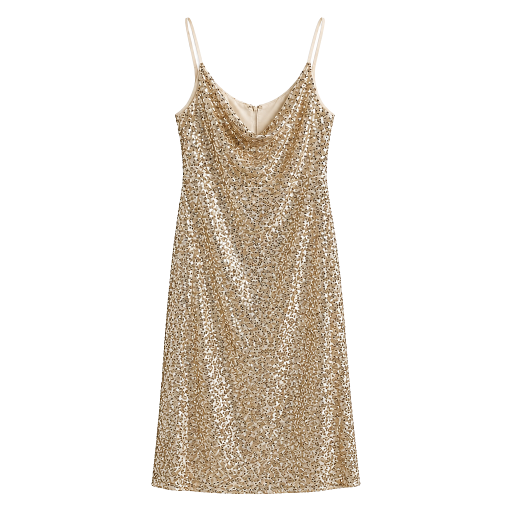 Taylor Gold Sequin Spaghetti Strap Cowl Neck Midi Dress 1