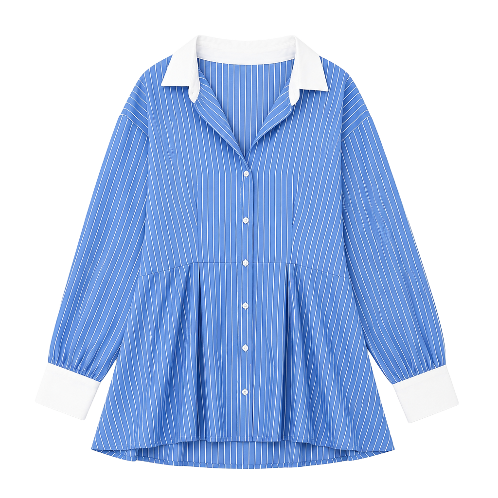 Lily Rose Blue and White Striped Contrast Collar Long Sleeve Shirt Dress 1