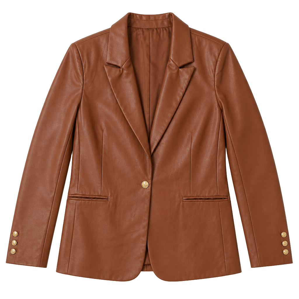 Rachel Zoe Faux Leather Brown Blazer Jacket with Gold Buttons Size M 1