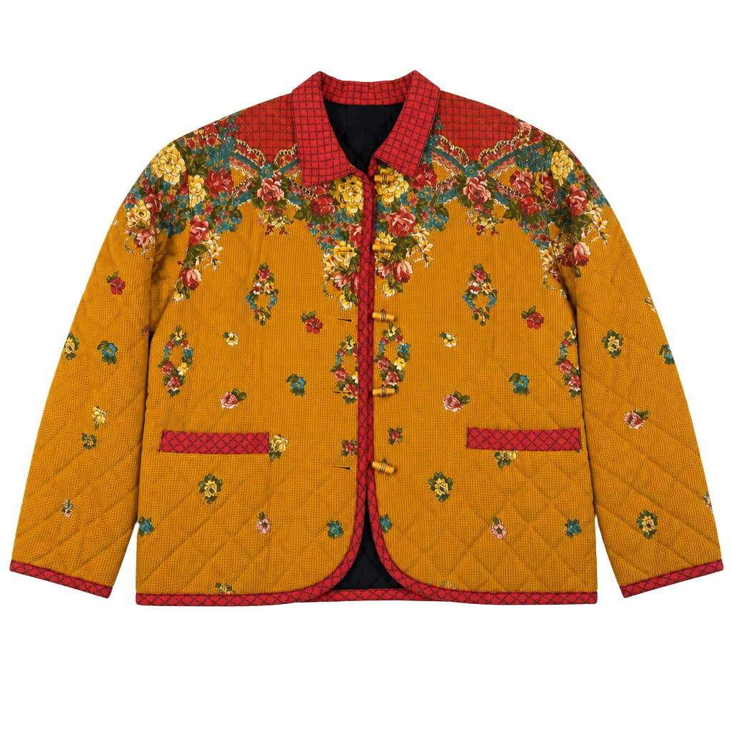 Carole Little Petites Vintage Quilted Floral Toggle Jacket Mustard Yellow 1