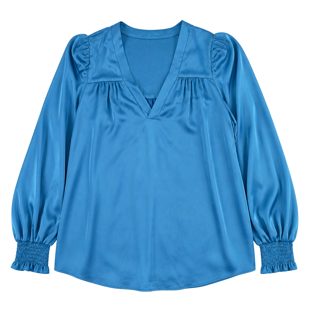 Joy Joy Blue Satin Long Sleeve Blouse Size M 1