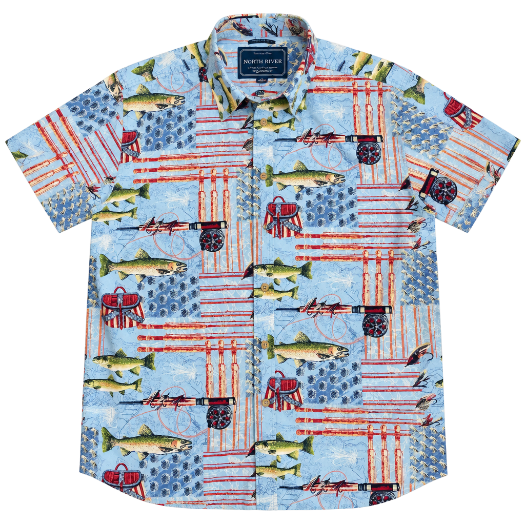 North River Fishing Shirt Size XL Blue Trout Print Short Sleeve campcore 1