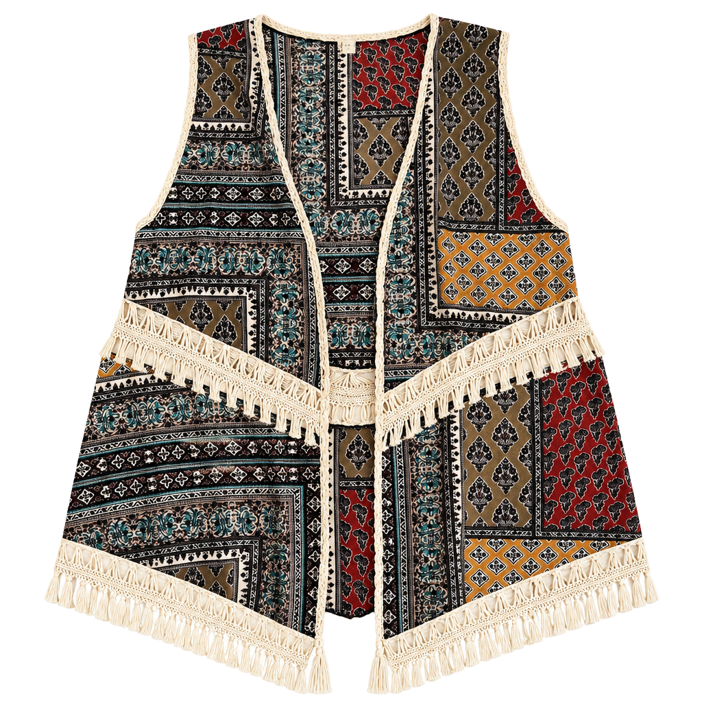 Dreamers Vest Size L Bohemian Boho Mosaic Print Fringe Crochet Open Front 1