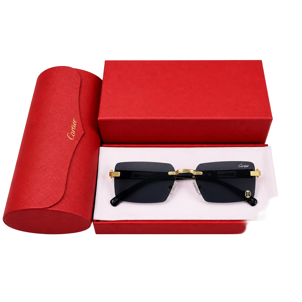 Luxury Rimless Sunglasses ā Gold Frame, Rectangle Lenses, High-End Designer Look w/ Box & Case 1