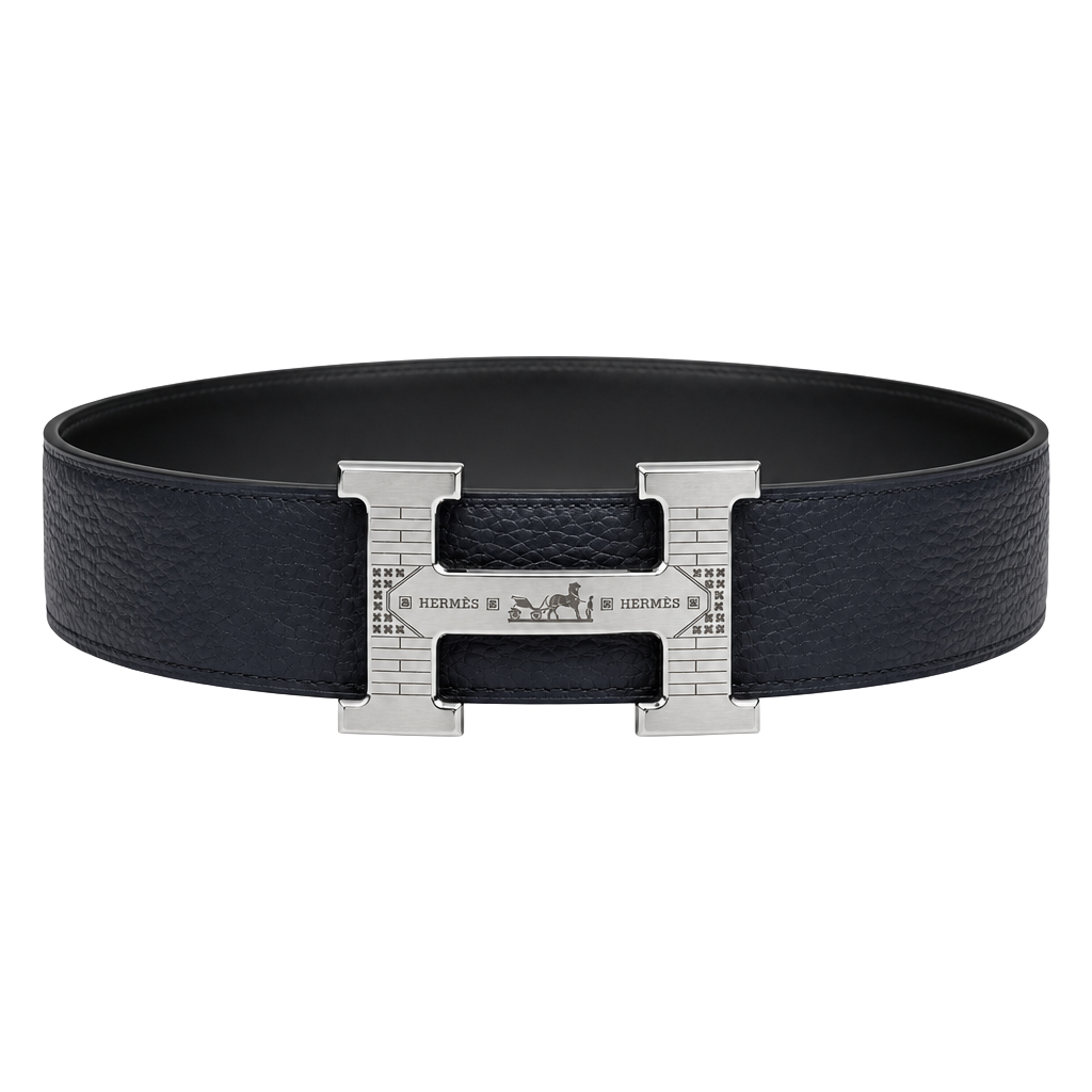 Luxury H Buckle Belt – Navy Blue Textured Leather – New w/ Box 1