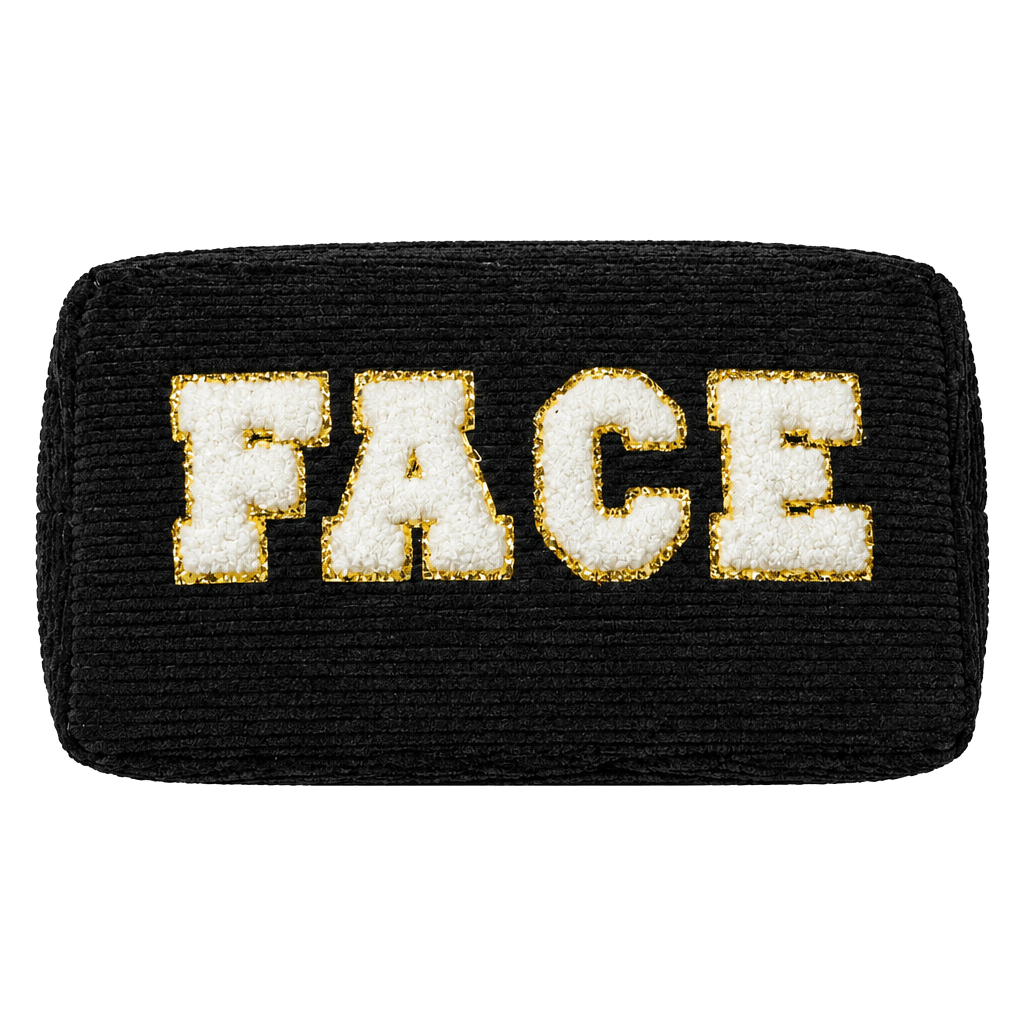 Face Corduroy Makeup Pouch Dark Gray Gold Letters 1