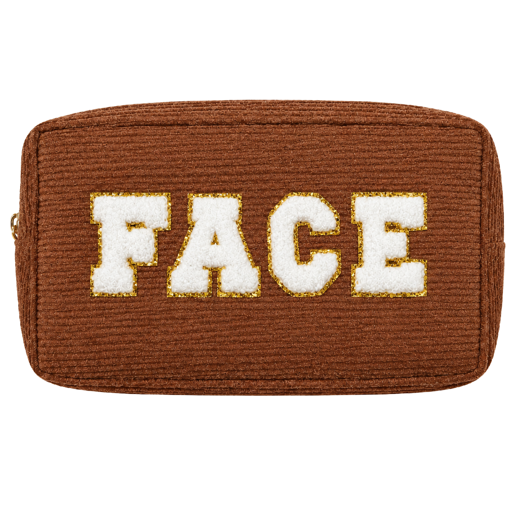 Face Corduroy Makeup Pouch Brown Gold Letters 1