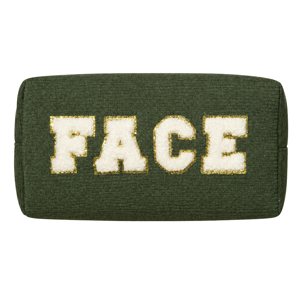 Face Corduroy Makeup Pouch Green Gold Letters 1