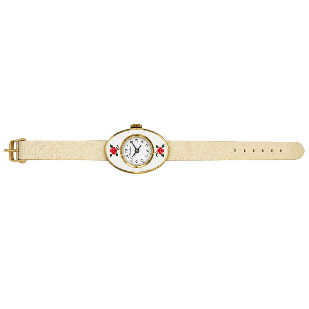 Majestime Floral Oval Pendant Watch Off-White Leather Strap 1