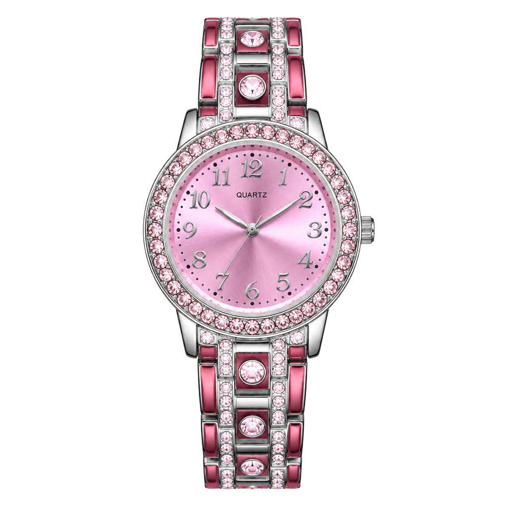 Quartz Rhinestone Watch Pink Dial Stainless Steel 1