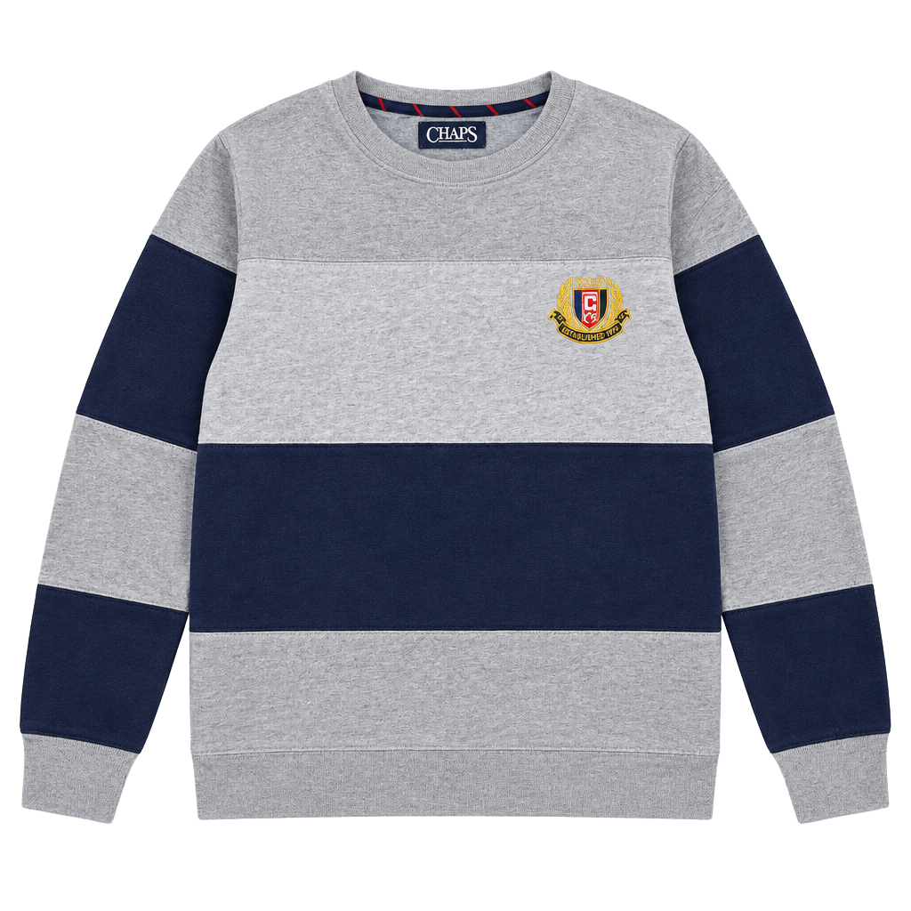 Chaps Sweatshirt Grey Navy Blue Striped Colorblock Crest 1