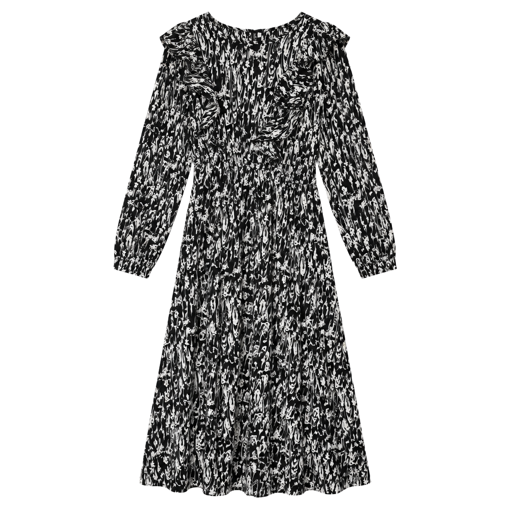 Black White Abstract Print Ruffle Dress 1
