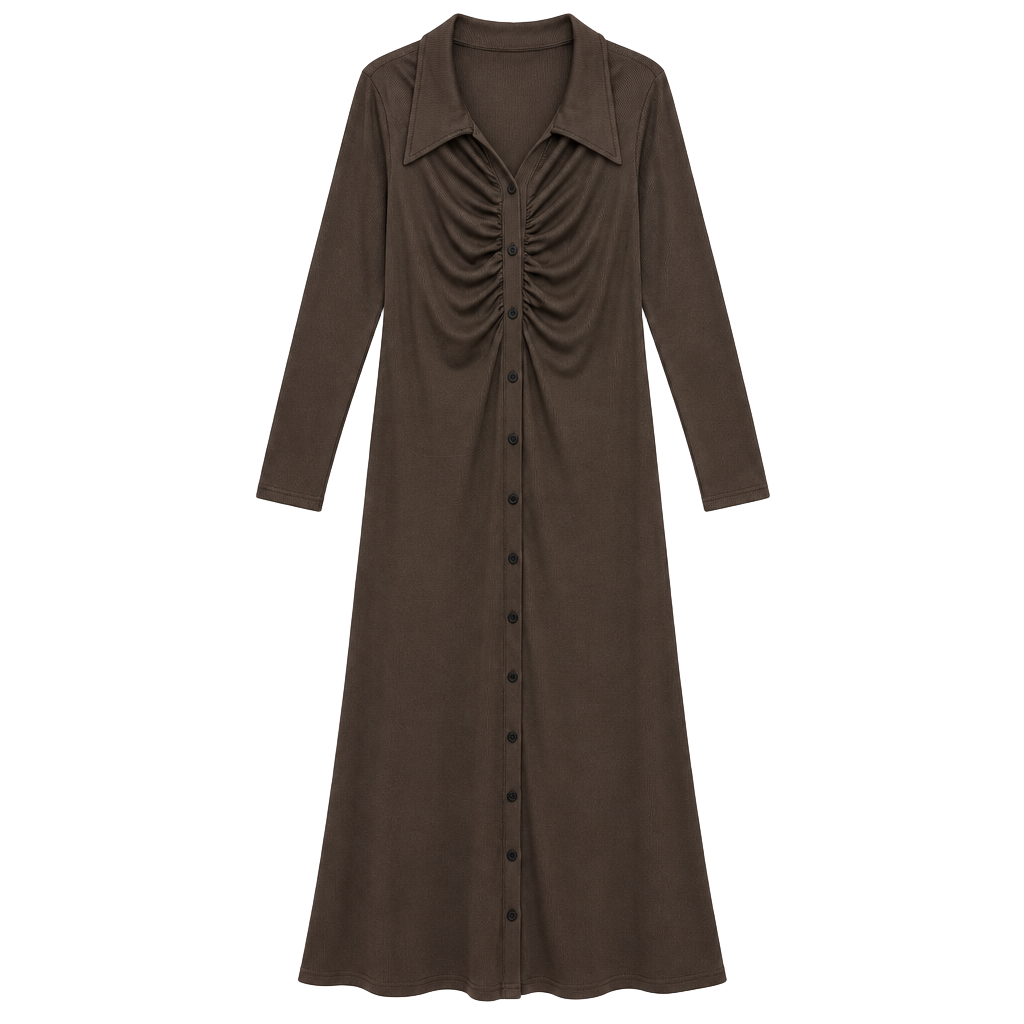 Brown Ribbed Long Sleeve Button Front Midi Shirt Dress 1
