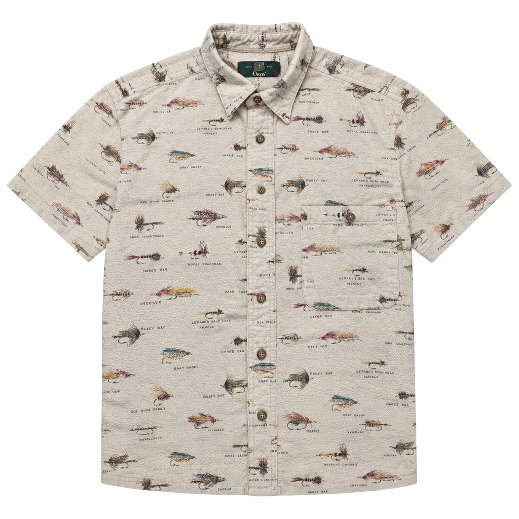 Orvis Fly Fishing Lures Print Shirt Size L Cream Cotton Button-Down 1