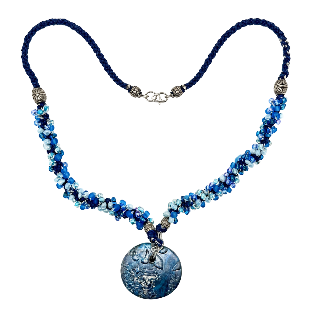 Boho Artisan Blue Seed Bead and Polymer Clay Pendant Necklace 1
