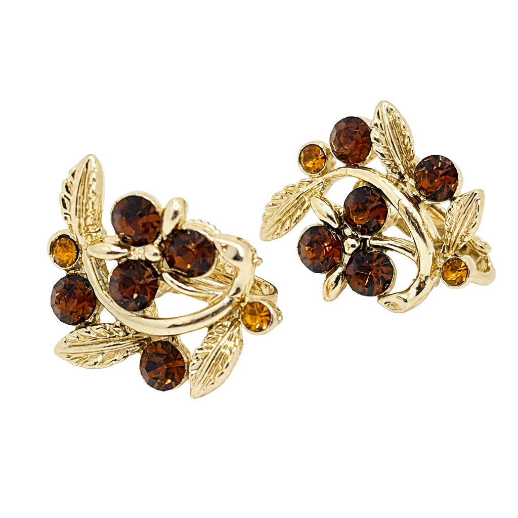 Vintage Gold Tone Brown Topaz Rhinestone Grape and Leaf Fall Clip On Earrings 1