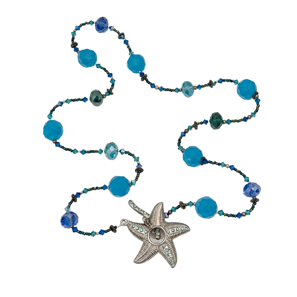 Coastal Summer Beachy Blue & Green Beaded Starfish Toggle Necklace 26 Inch 1