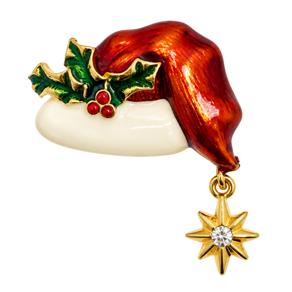 Vintage Christopher Radko Enamel Santa Hat Holly & Star Dangle Christmas Brooch 1