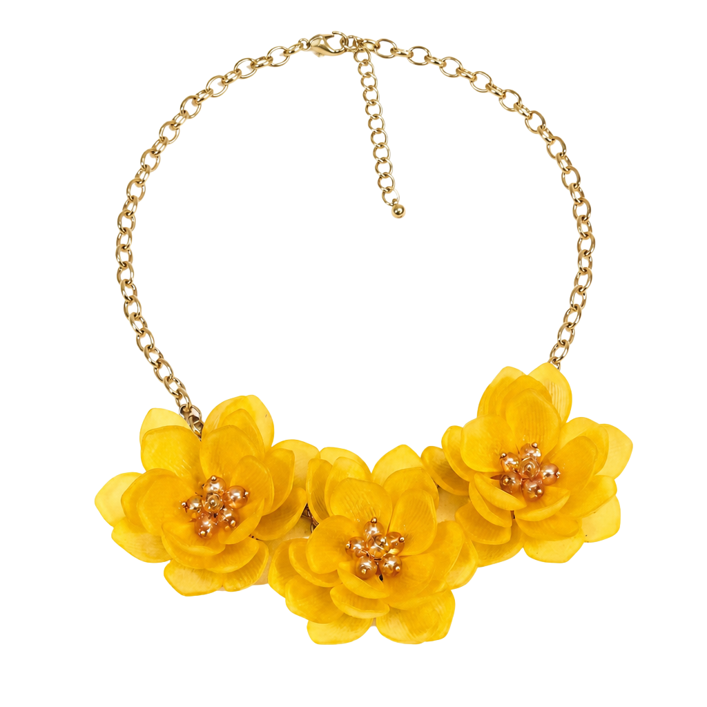 Summer Yellow Floral Statement Necklace with Gold Tone Accents 1