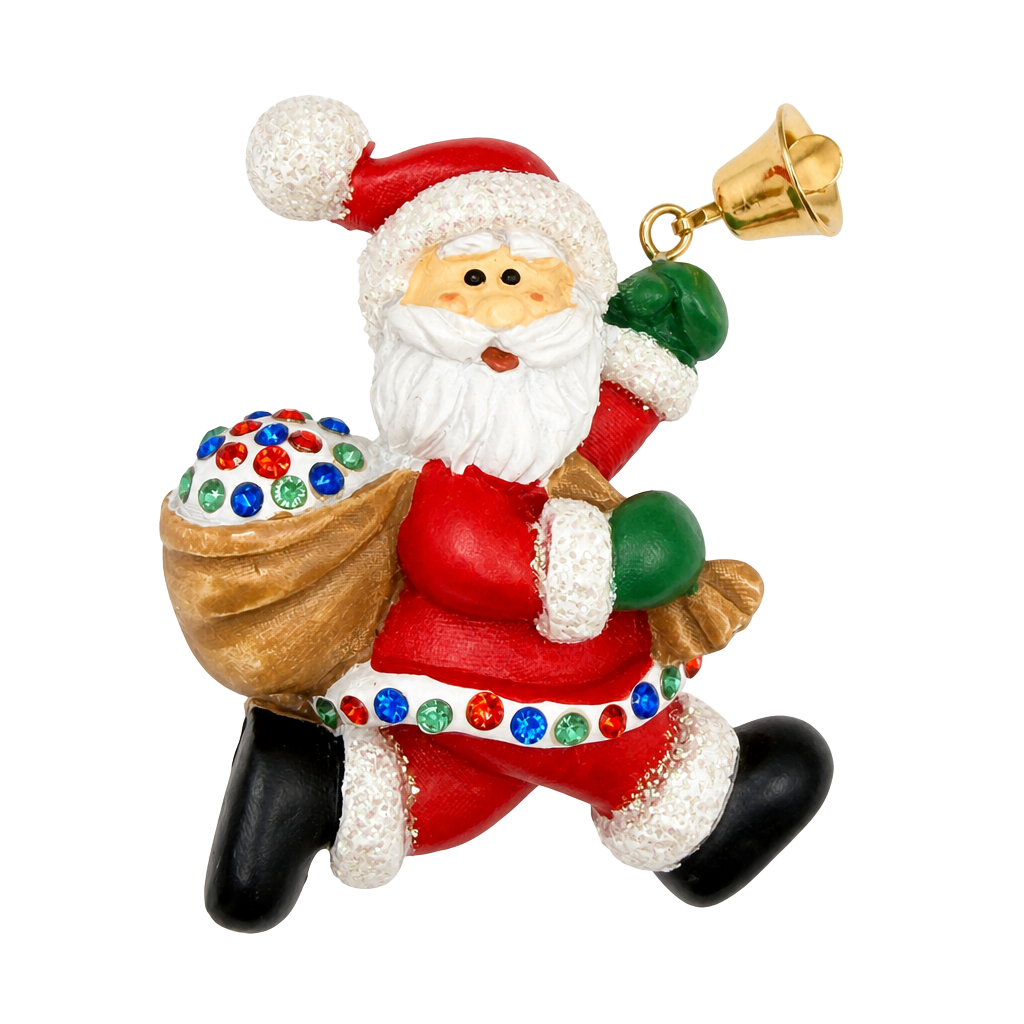 Vintage Pin Brooch Santa Claus w Bag of Presents & Rhinestones & Bell St. Nick 1