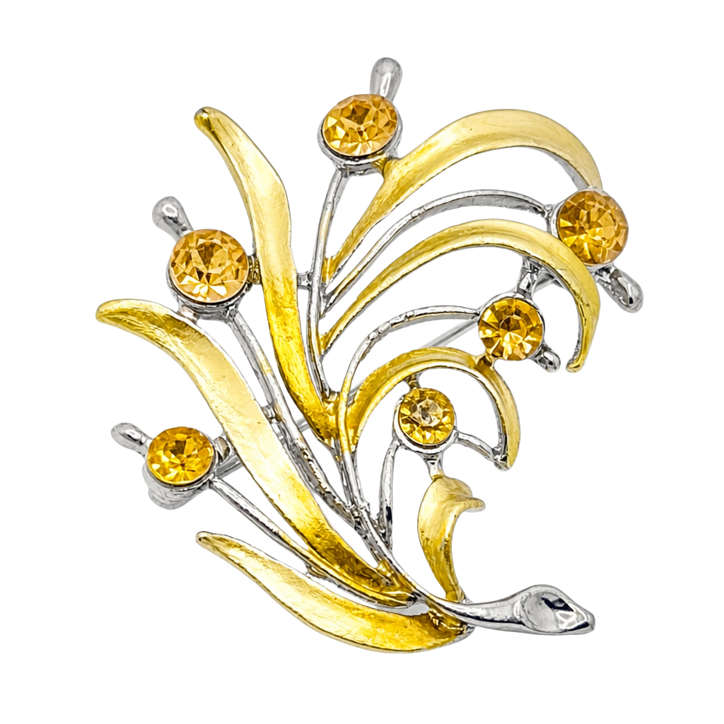Vintage Gold Tone Enamel and Yellow Rhinestone Floral Bouquet Brooch 1