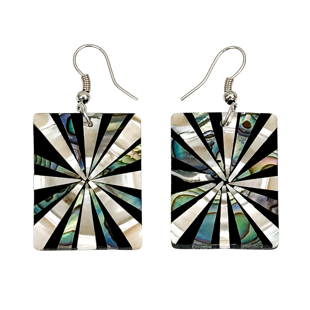 Summery Art Deco Style Abalone Shell and Black Resin Rectangular Dangle Earrings 1