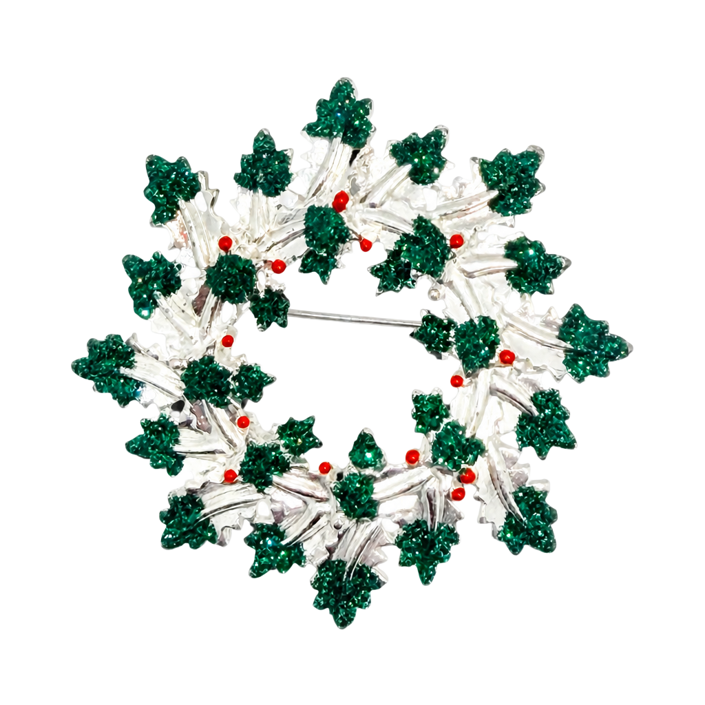 Vintage Danecraft Christmas Green Glitter Wreath Pin Brooch Silver Tone 1