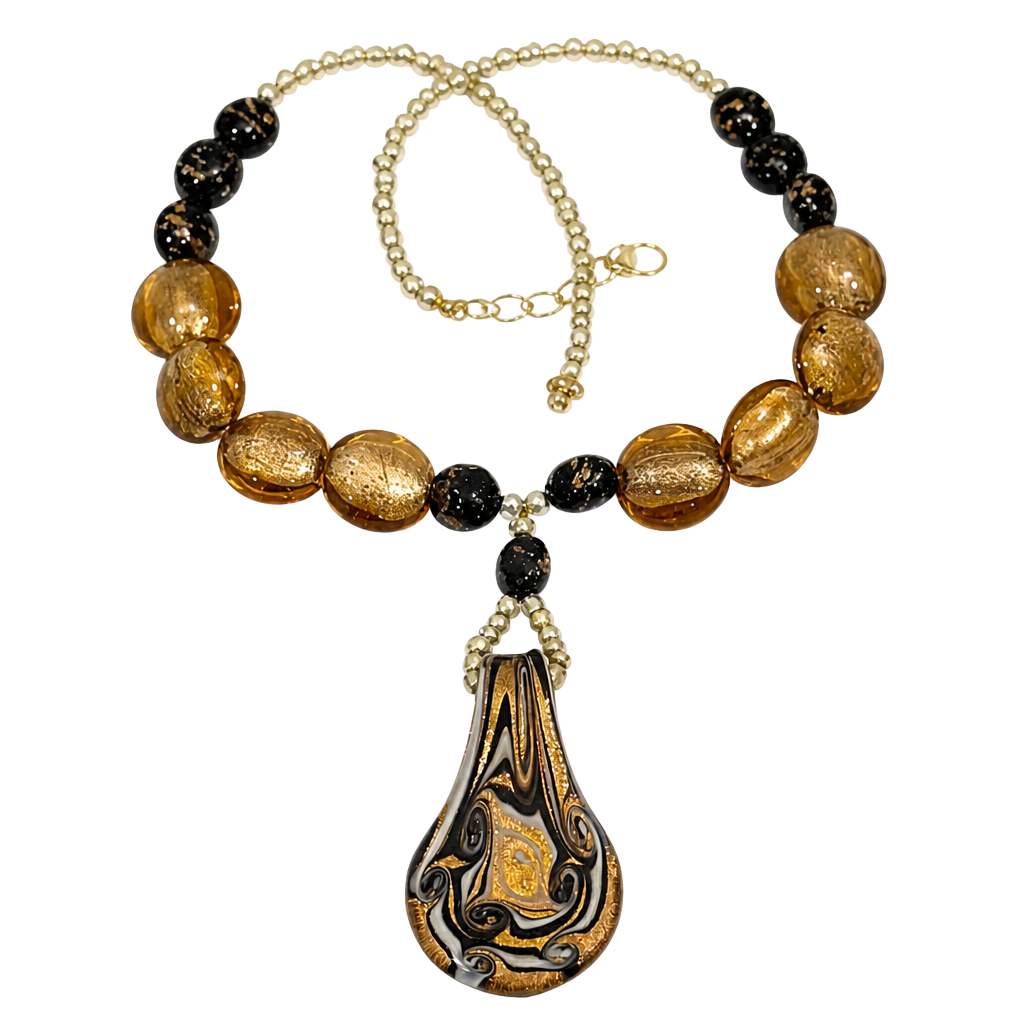 Artisan Handcrafted Black and Gold Swirl Glass Teardrop Pendant Necklace 1