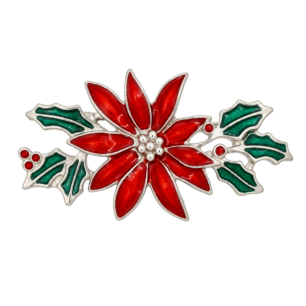 Vintage Silver Tone and Enamel Poinsettia Christmas Holiday Brooch Pin Red Green 1