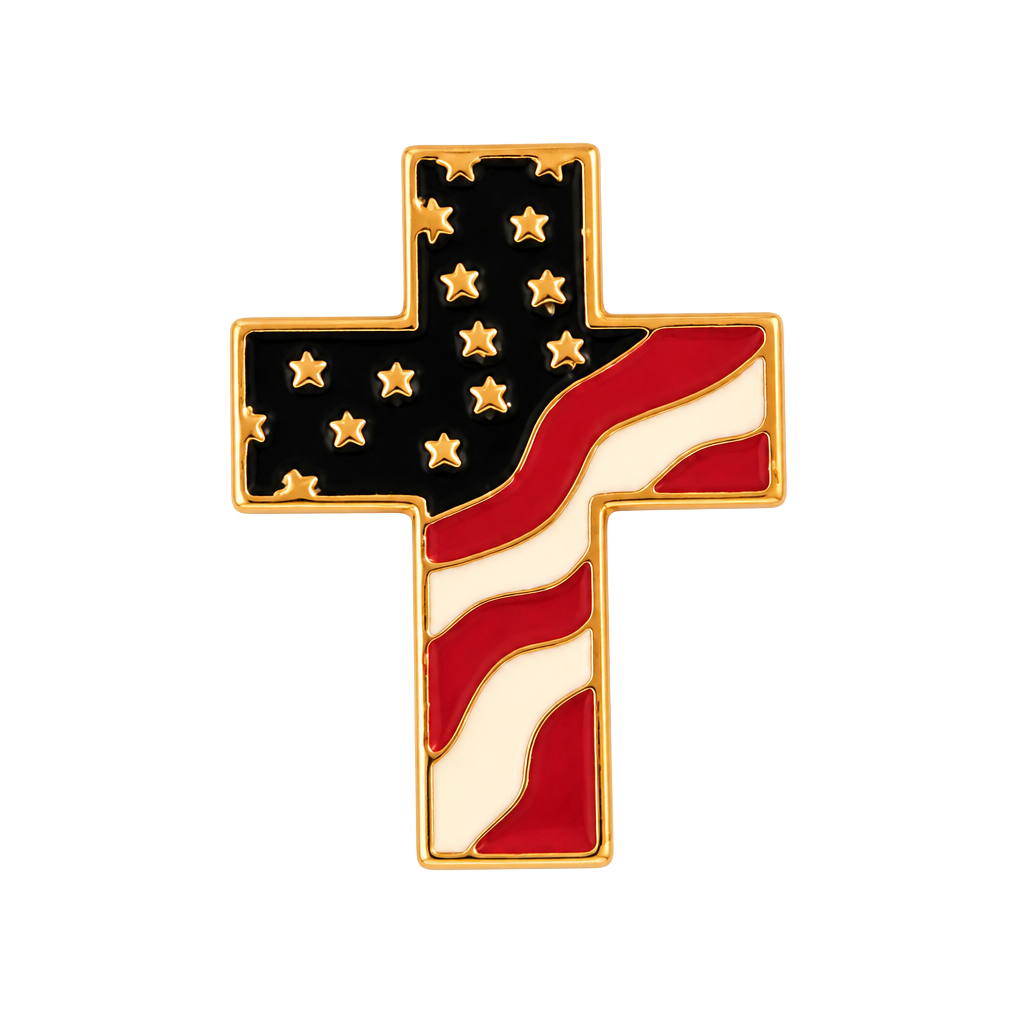 American Flag Cross Lapel Pin Gold Tone Enamel Patriotic Christian 1