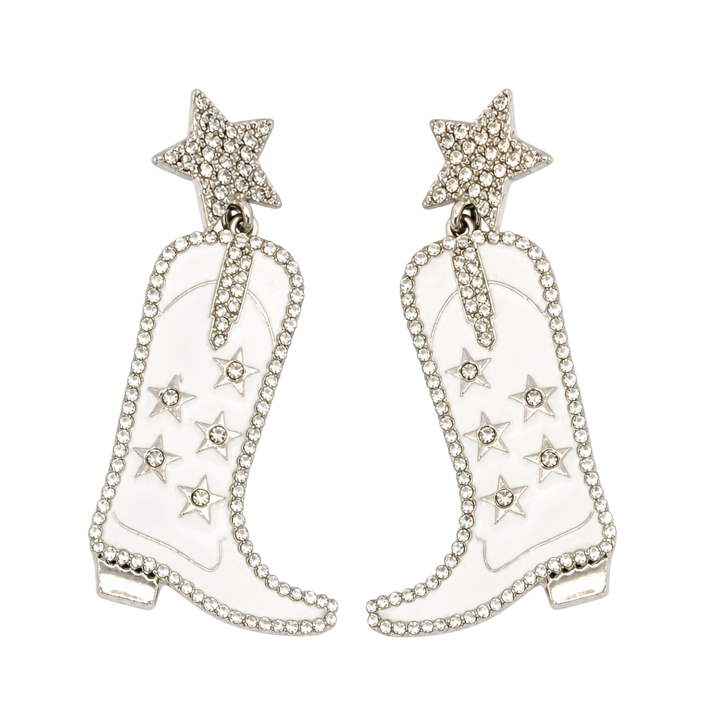Idyllwind Western Themed White Rhinestone Cowboy Boot Star Earrings 1