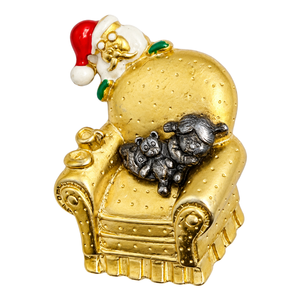 Vintage Danecraft Santa and Child Whimsical Chair Christmas Brooch Pin Gold Tone 1