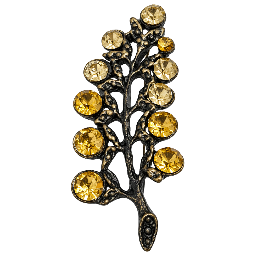 Vintage Black Japanned Metal Rhinestone Leaf Branch Brooch Pin 1