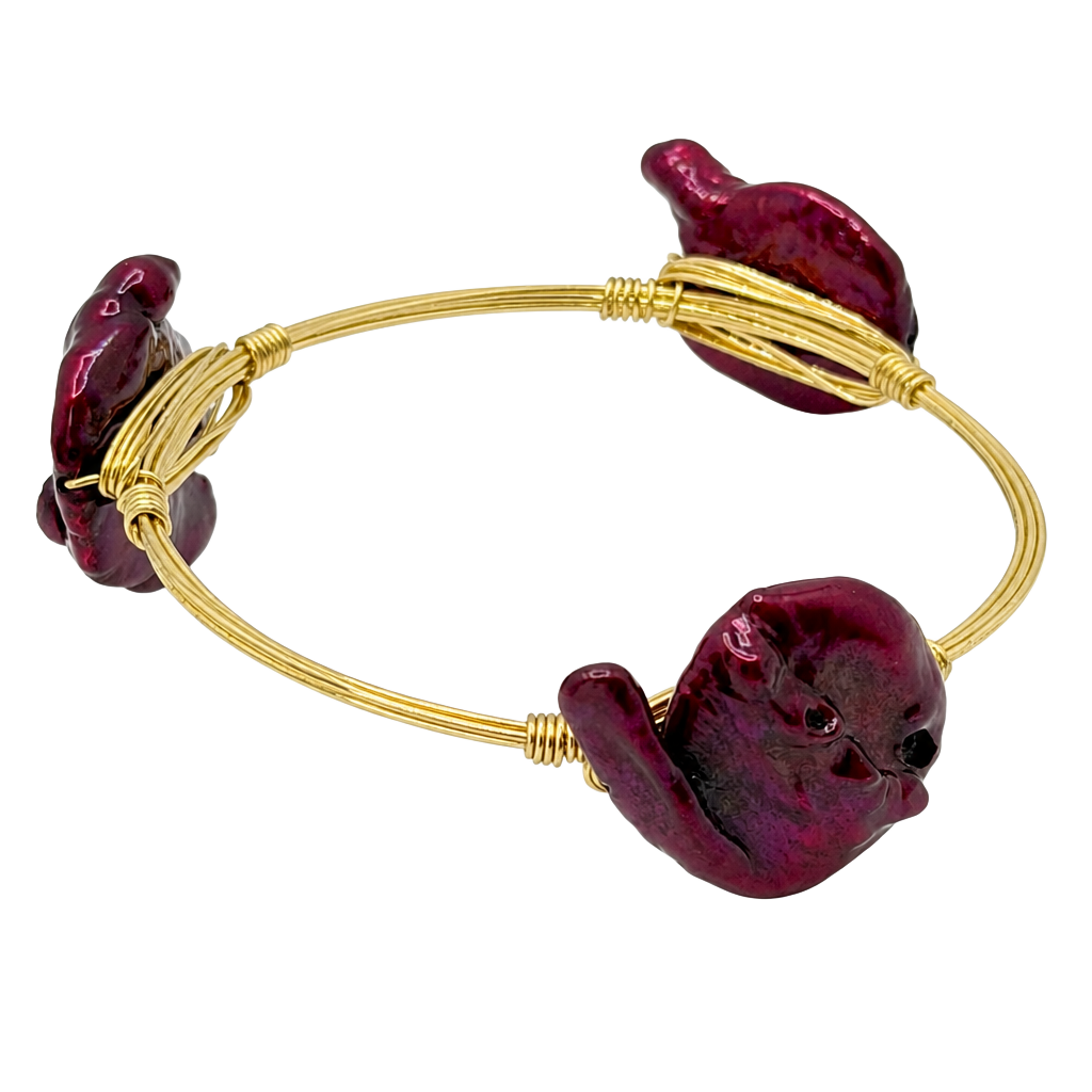 Bourbon and Boweties Gold Tone Wire Bangle Bracelet Dyed Keshi Pearl Accents 1