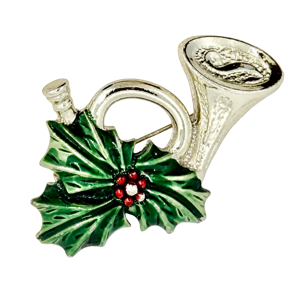 Vintage Gerry's Gold Tone Enamel French Horn Holly Berries Christmas Brooch Pin 1