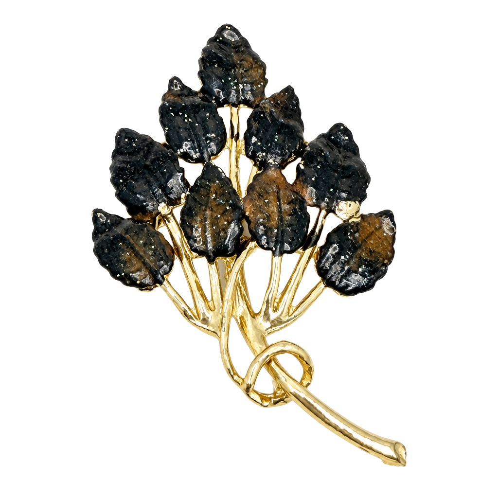 Vintage Black Enamel Leaf Cluster Brooch Pin Gold Tone 1