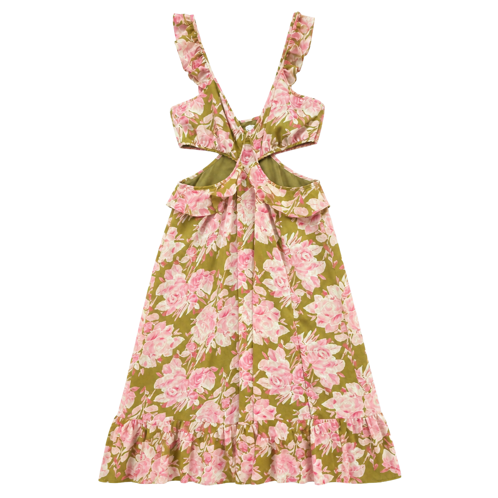 LIKELY Katerina Dress Olive Oil Pink Floral Cutout Midi 1