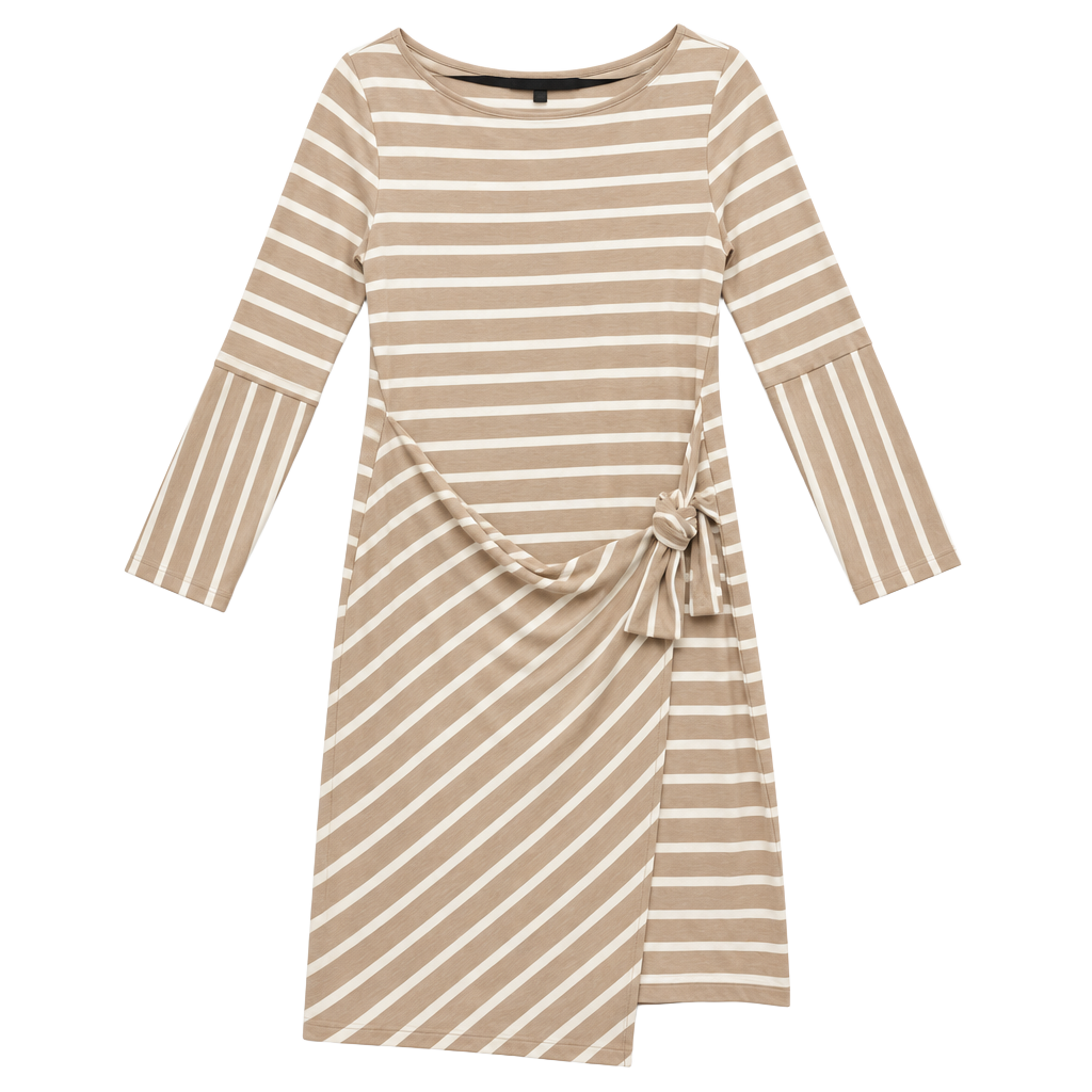 Ann Taylor Tan and White Striped Long Sleeve Side Tie Waist Knit Sheath Dress 1