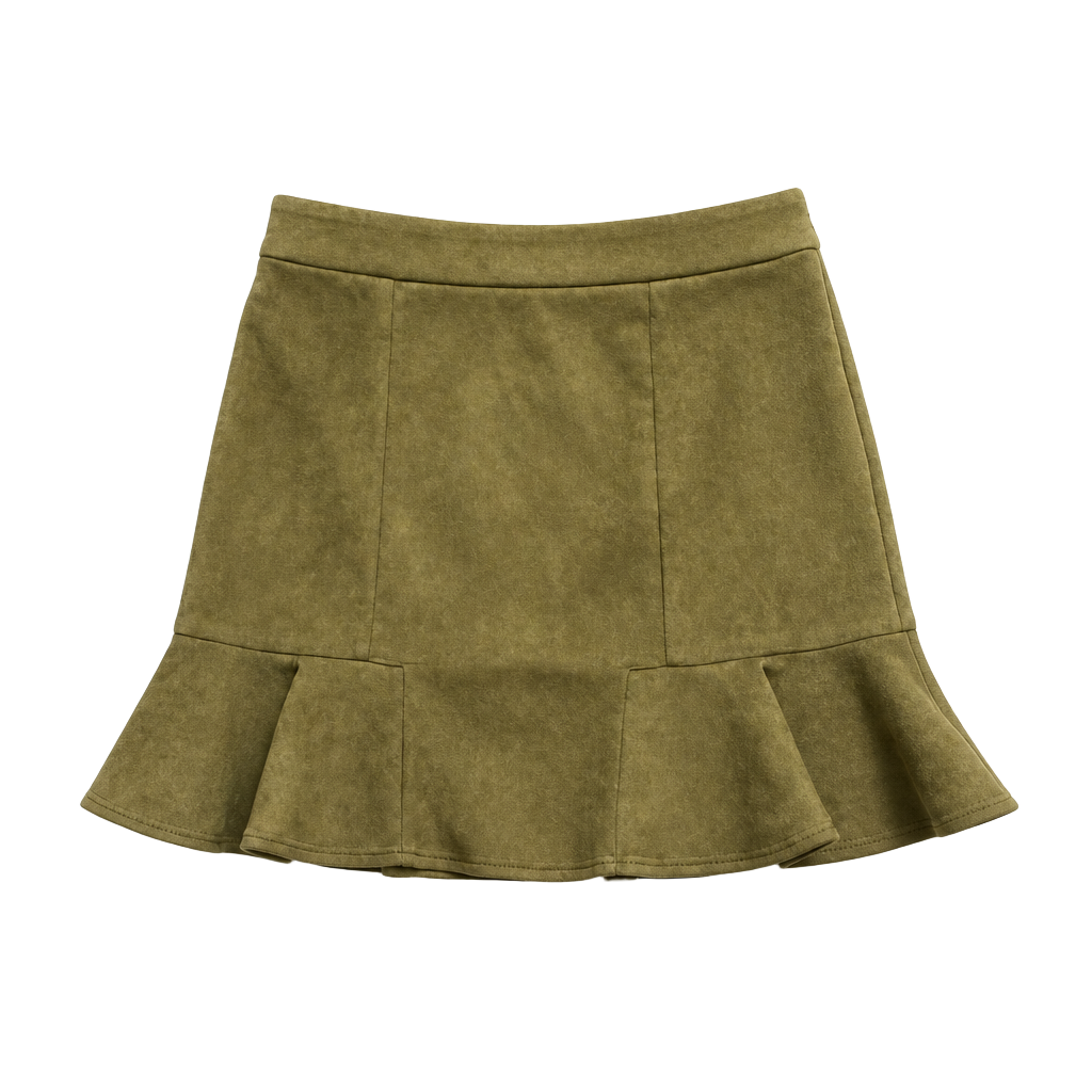 a loves a Olive Green Faux Suede Ruffle Hem Mini Skirt Size M 1