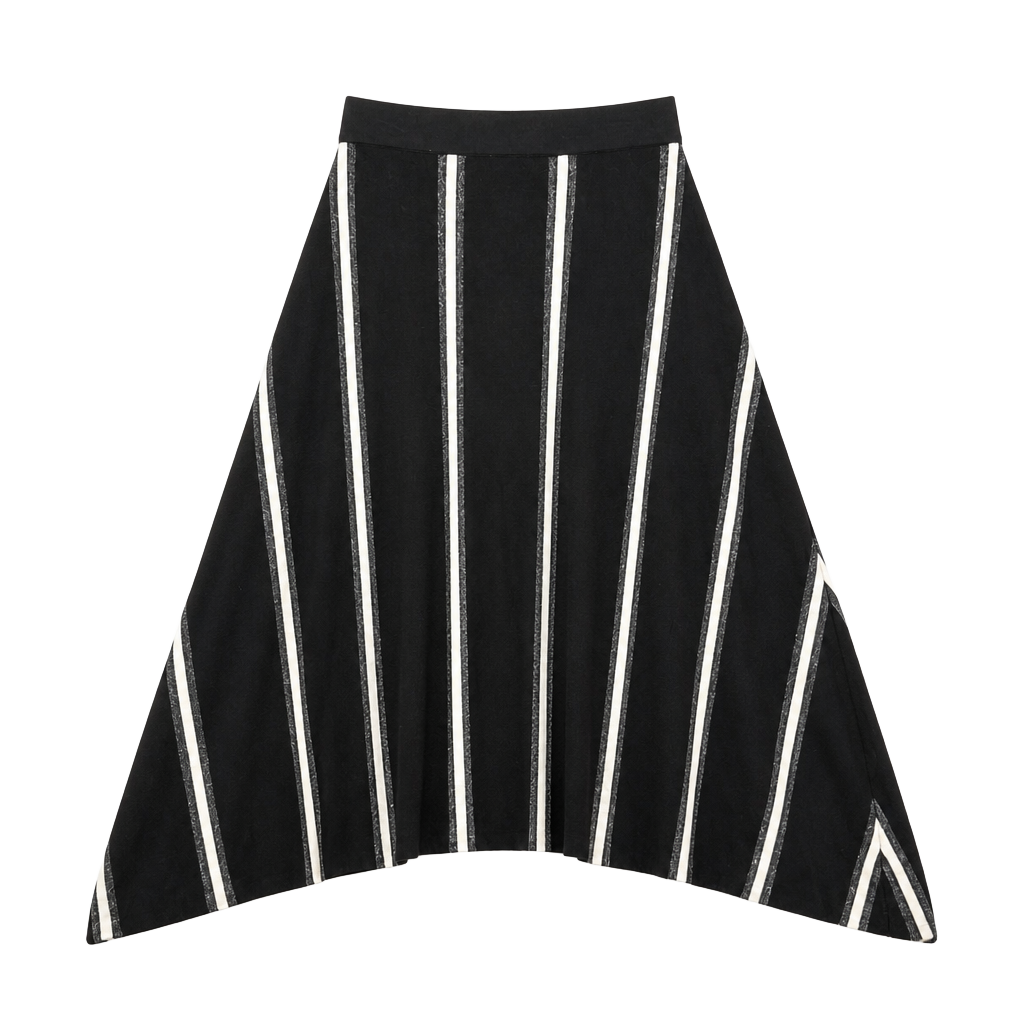 S-TORY. Black and White Striped Knit Midi Skirt with Asymmetrical Hem 1