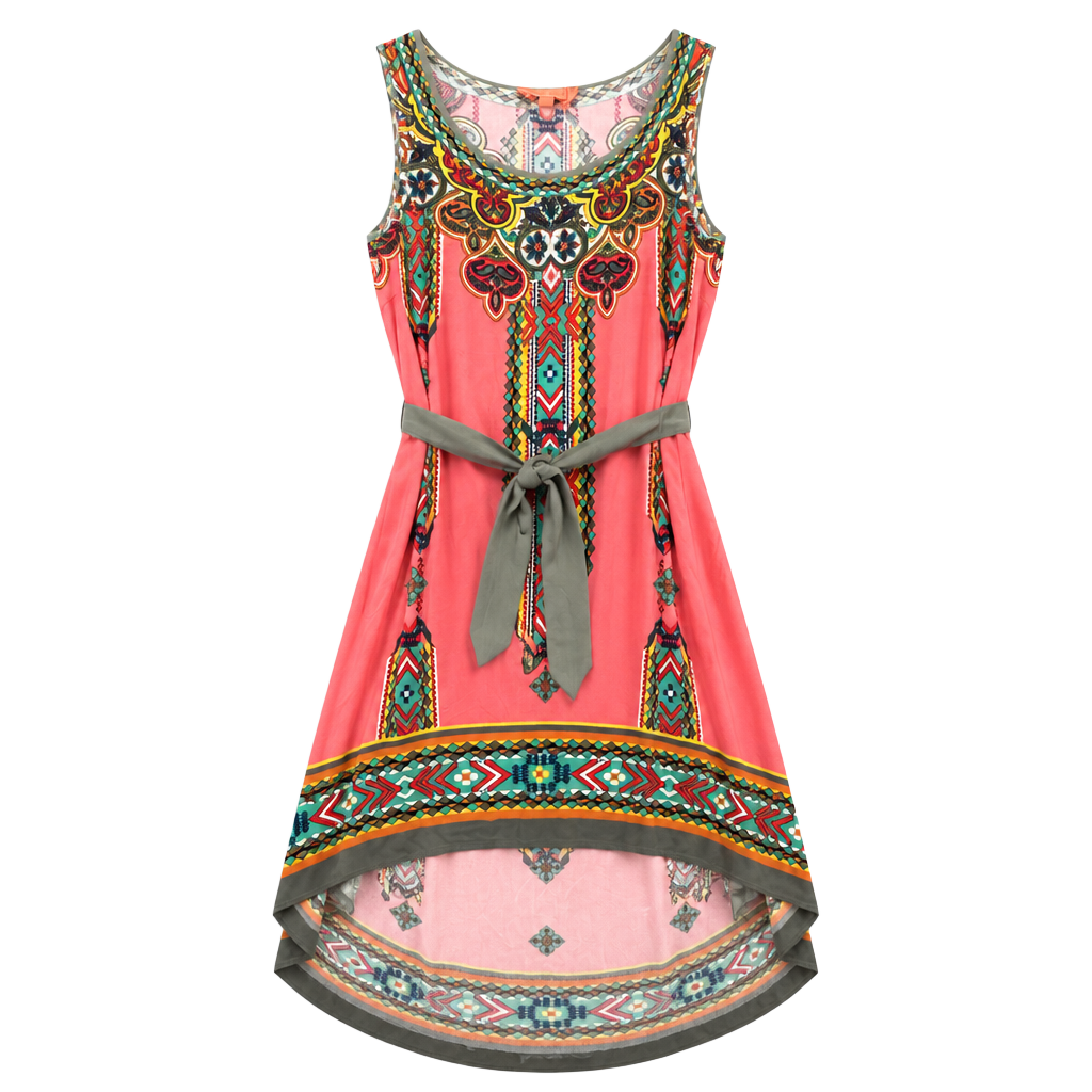 Peachpuff USA Pink Boho Floral Print High-Low Belted Dress 1