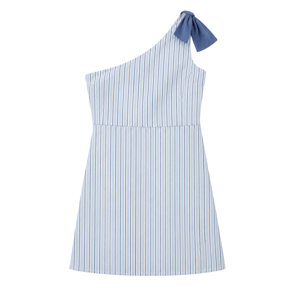 TCEC Women's Blue Striped One-Shoulder Dress with Bow Detail Size M 1