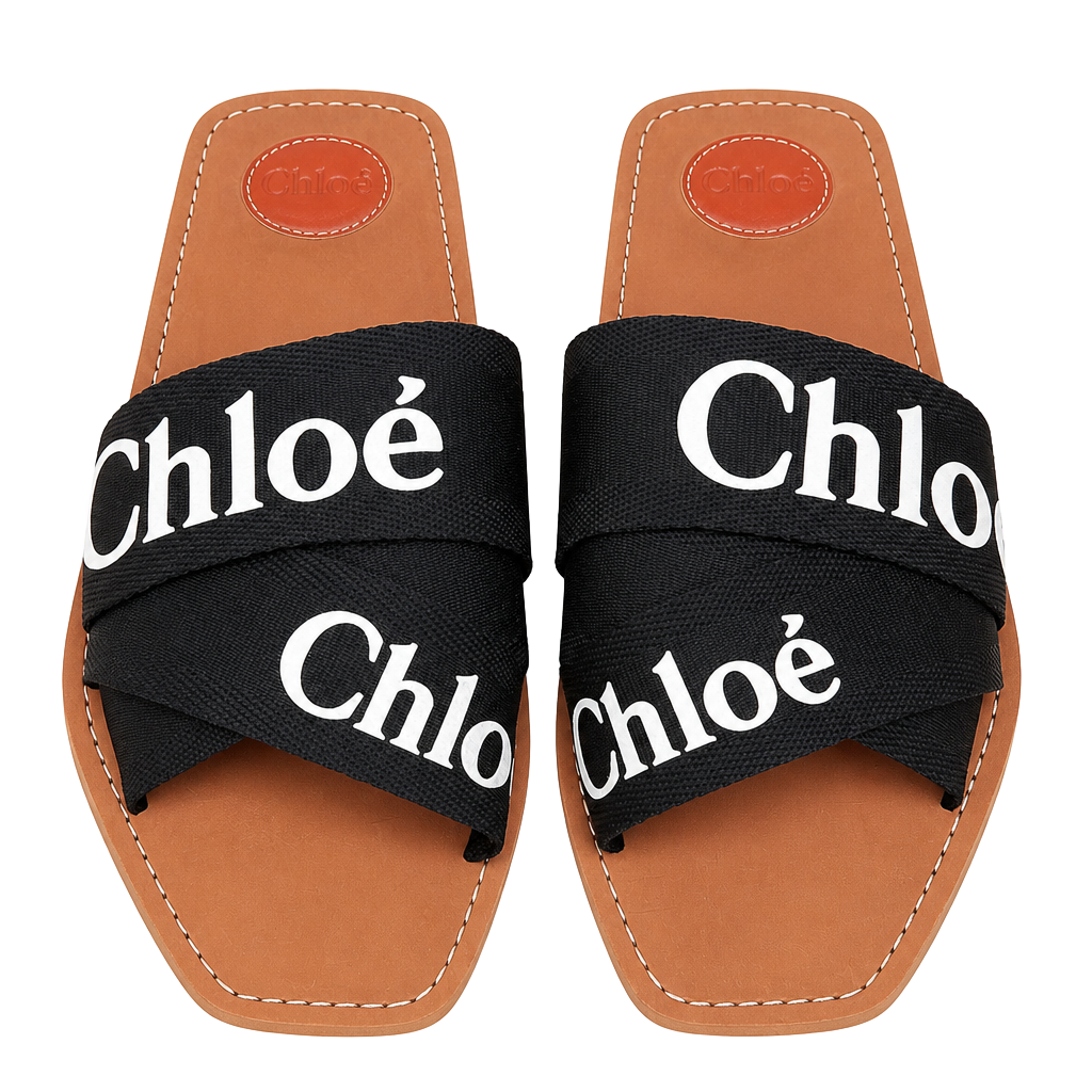 Chloé Woody Flat Logo-Print Canvas Slides in Black 1