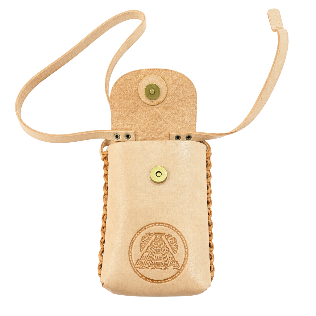 Vintage Hand-Tooled Leather Souvenir Mexico Crossbody Pouch with Pyramid Crest 1